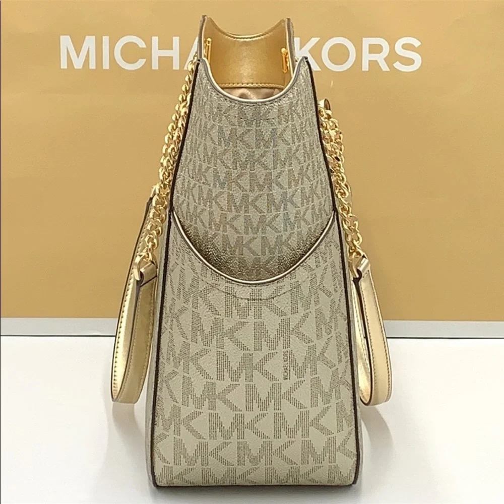 MICHAEL KORS LARGE X CHAIN SHOULDER TOTE BAG PALE GOLD COLOR